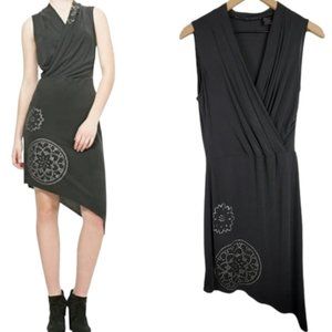 Desigual Surplice Wrap Sleeveless Asymmetrical Mini Dress Black Studded Small *